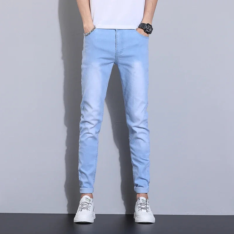 2025 Spring Summer Classic Fashion Men's Sky Blue Denim Pants Slim Men's Straight  Male Brand Clothing Stretch Denim TrouseS