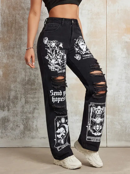2025 New Style Women's Jeans Women's Spring And Autumn New Hot Selling Street INS Same Style Print Ripped Straight Jeans