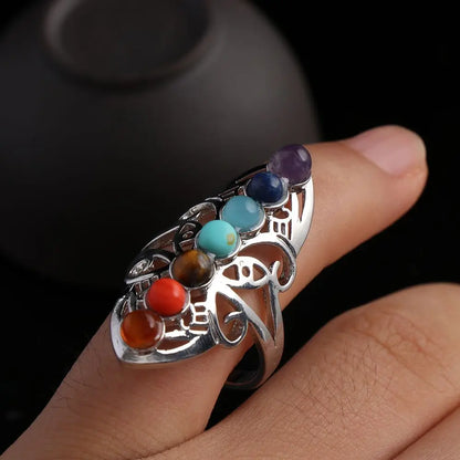 7 Chakra Stone Bead Finger Rings Silver Plated Hollow Flower Adjustable Ring Reiki Balance Meditation Healing Gem Ring Jewelry