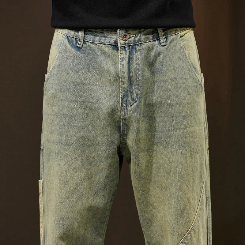 Jeans Men Loose Fit Retro Blue 2024 Spring Wide Leg Pants Denim Trousers Korean Style Fashion Side Pocket Male Baggy Pants