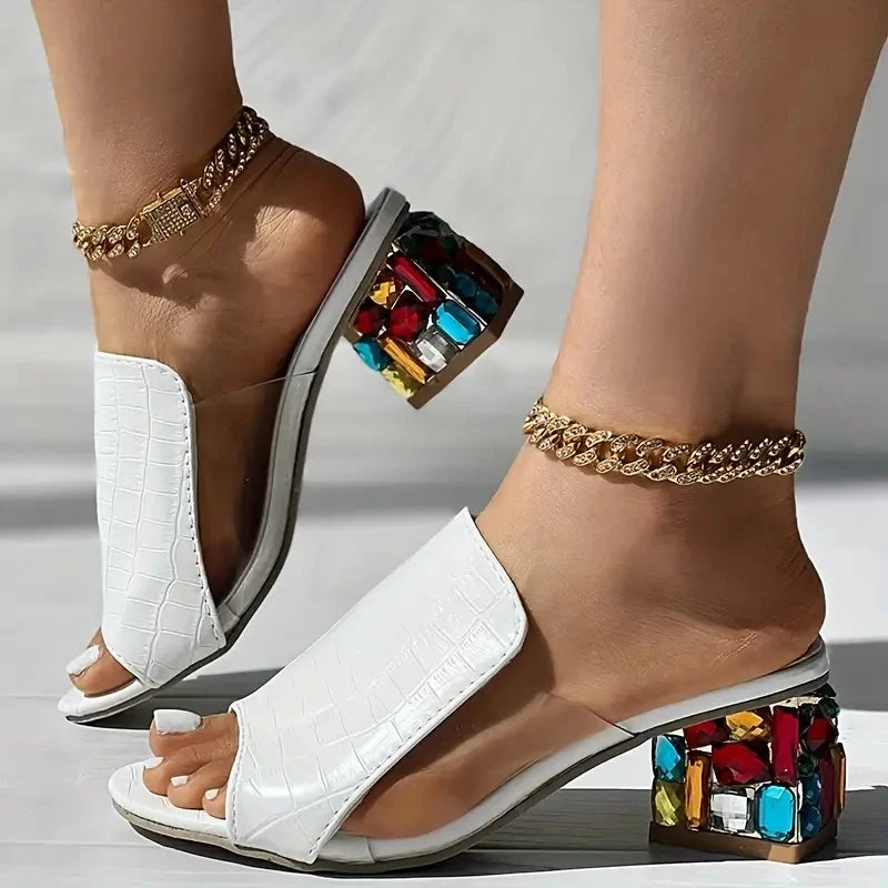 Women Crystal Sandals 2024 New Spring Summer Open Toe Sandals Square Heels Beach Fashion Sandals Women Sandalias De Mujer