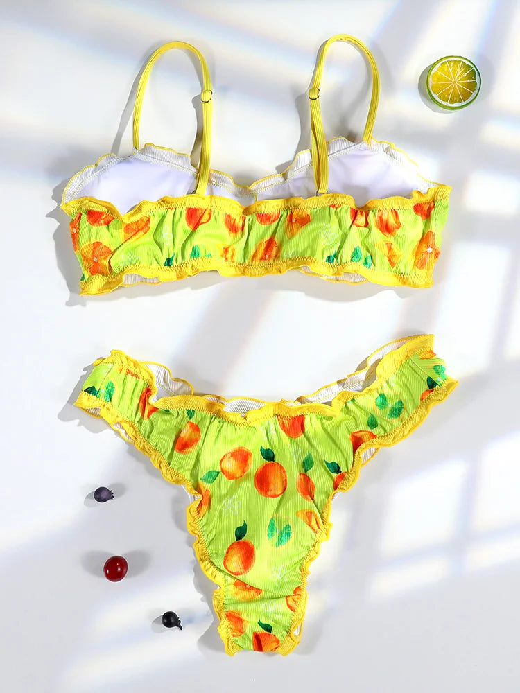 Miyouj Strawberry Bikini 2025 Swimsuits Ruffle Two Piece Suit Print Bathwear Low Waist Swimsuit Women Swimwear High Cut Bathsuit