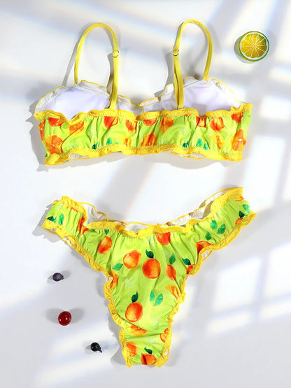 Miyouj Strawberry Bikini 2025 Swimsuits Ruffle Two Piece Suit Print Bathwear Low Waist Swimsuit Women Swimwear High Cut Bathsuit