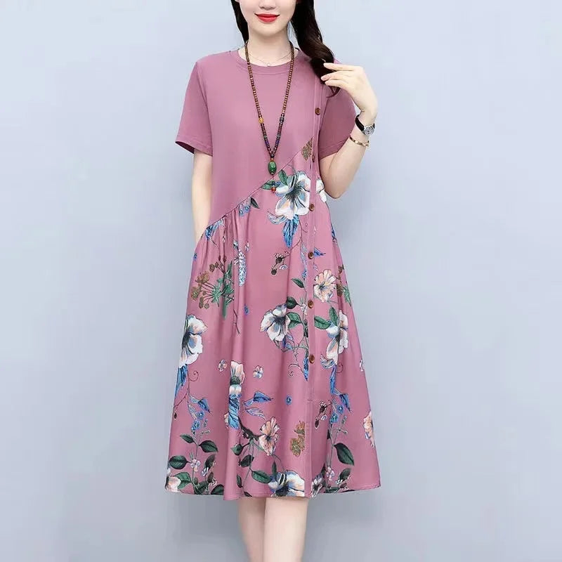 Loose Casual Women's Dress Summer New Style Retro Print plus Size Conceal Meat Slimming A- Line Skirt Fashionable Chinese Brand