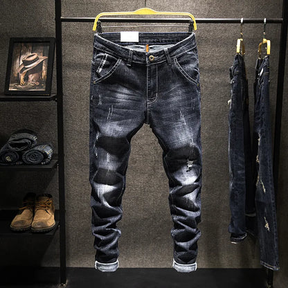New Ripped Jeans Men Slim-fit Denim Pants Cotton Korean Style Fashion Elasticity Versatile Blue Black Men's Clothing