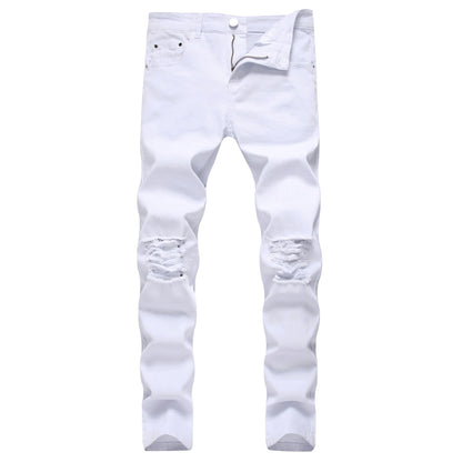 Denim Pencil Ankle Length Pants Men Jean Ripped Washed Zipper Fly Hole Jeans Skinny Solid Pockets High Street Distressed