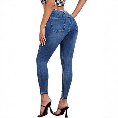 European and American Style High-waisted, Ripped Stretch Denim Long Pants for Women, Tight, Hip-lifting, Small-leg Pencil Jeans