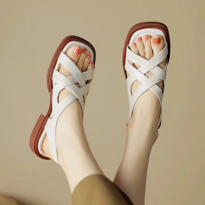 Smile Women Sandals Roman Retro Woven Fashion Sandals Spring New Rubber Low Heel Square Toe Beach Sandals Korean Version Sandals