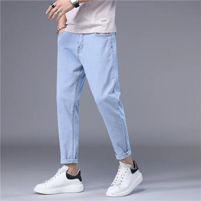 Summer Thin Men's Jeans Korean Style Blue Black Solid Color Stretch Straight Stylish Slim Fit Foot Denim Cropped Pants Male