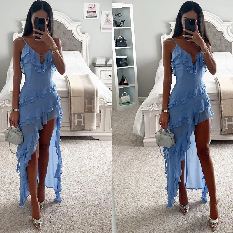 Women Dress Summer Hotsweet Tierred dress Fashion asymmetrical Spaghetti Strap long dresses Sexy lady Holiday Beach Dresses