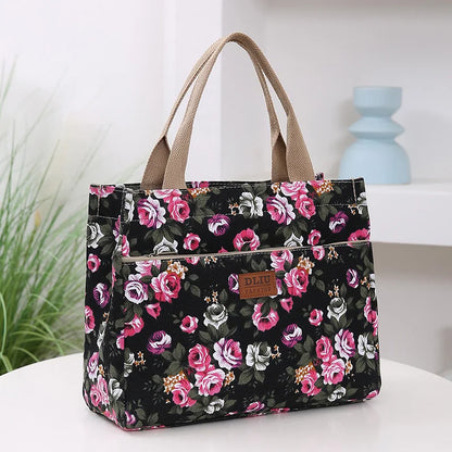 Fashion Floral Print Tote Bag, Portable Canvas Lunch Bag, Women's Casual Handbag & Bento Mommy Bag For Picnic Travel