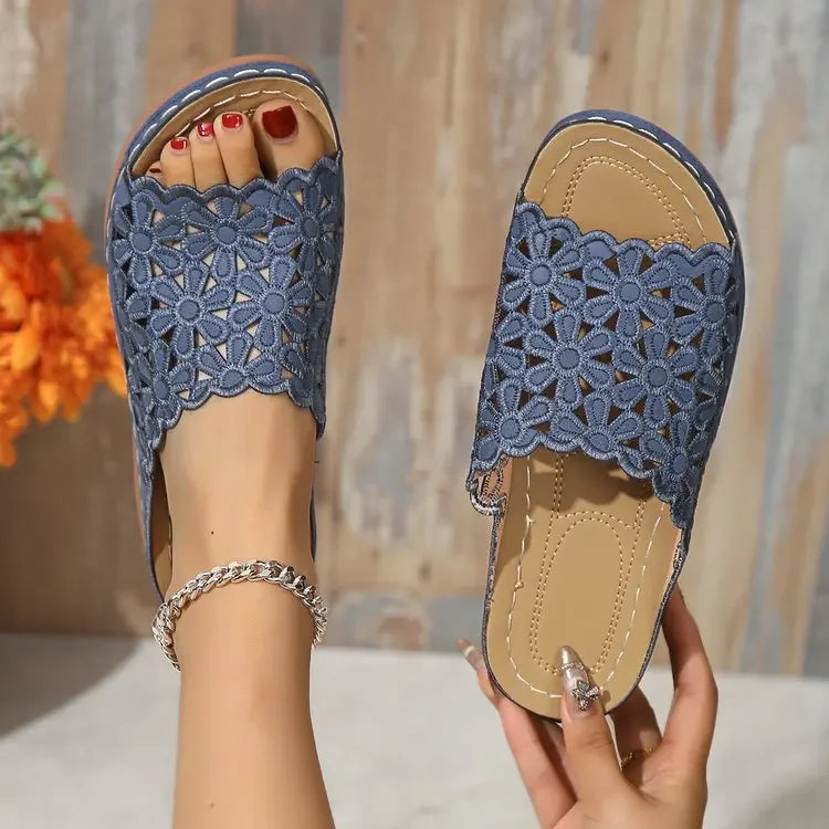 Women's Elegant Floral Comfort Sandals – Hollow-Cut Stylish Wedge Design Versatile Slides for Casual & Beach Wear