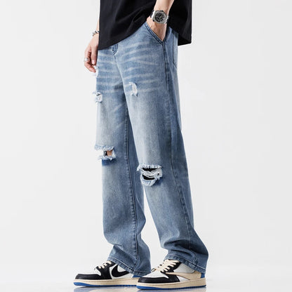 Fashion Vintage Jeans Men's Streetwear Ripped Loose Hip Hop Hole Trousers Casual Straight Male Clothes Wide Denim Pants