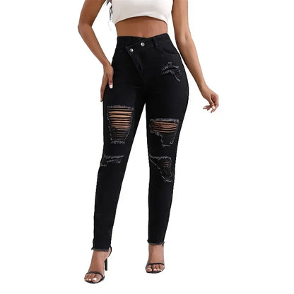 Women Jeans Denim pant High Waist Pencil Pants Holes Slim Fit Pockets Sexy Streetwear Solid Sheath Distressed Ankle Length 2025
