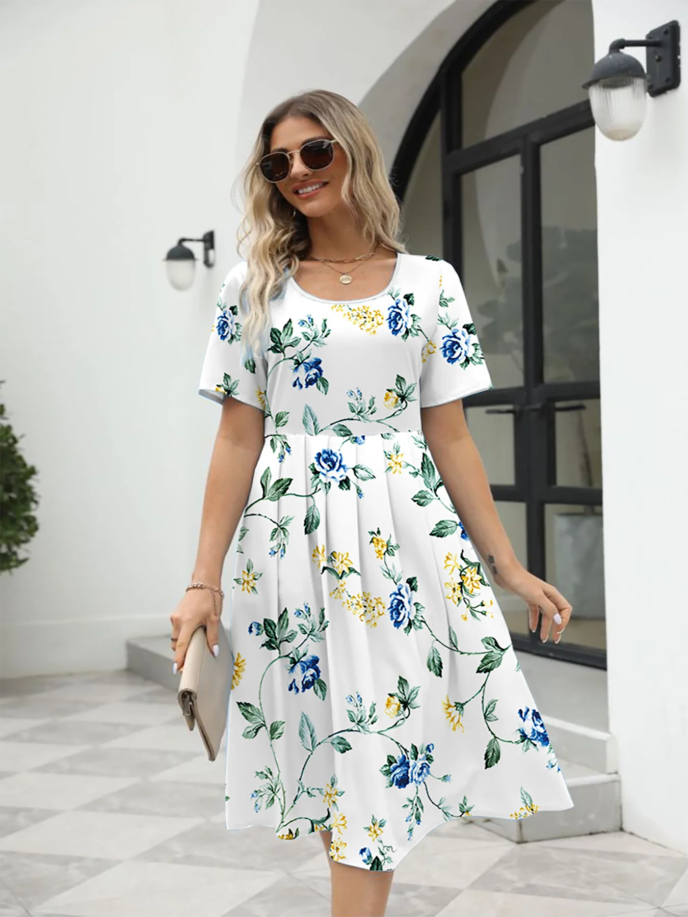 2025 summer new! Ladies fashion elegant printed crew neck short sleeve zipper dress for EU-USA summer