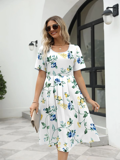 2025 summer new! Ladies fashion elegant printed crew neck short sleeve zipper dress for EU-USA summer