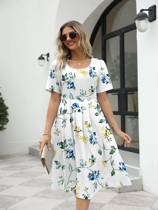 2025 summer new! Ladies fashion elegant printed crew neck short sleeve zipper dress for EU-USA summer