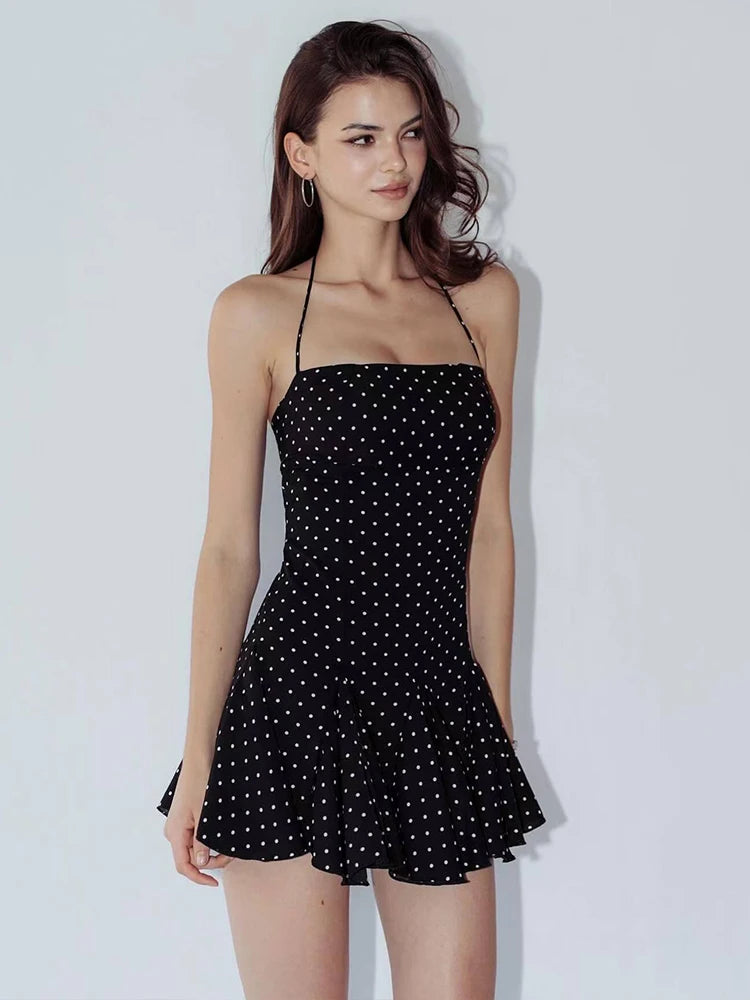 Nibber Polka Dot Print Dress Women Halter Backless  Skinny Folds Elegant Temperament Party Fashion Summer Classic Mini Bodycon