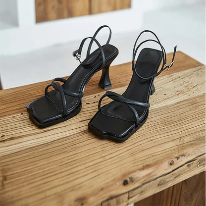 2025 Summer Narrow Band Heel Sandals Women Thick Heel 7 CM Ankle Strap Fashion Square Toe Ladies Dress Sandalias Women's shoes