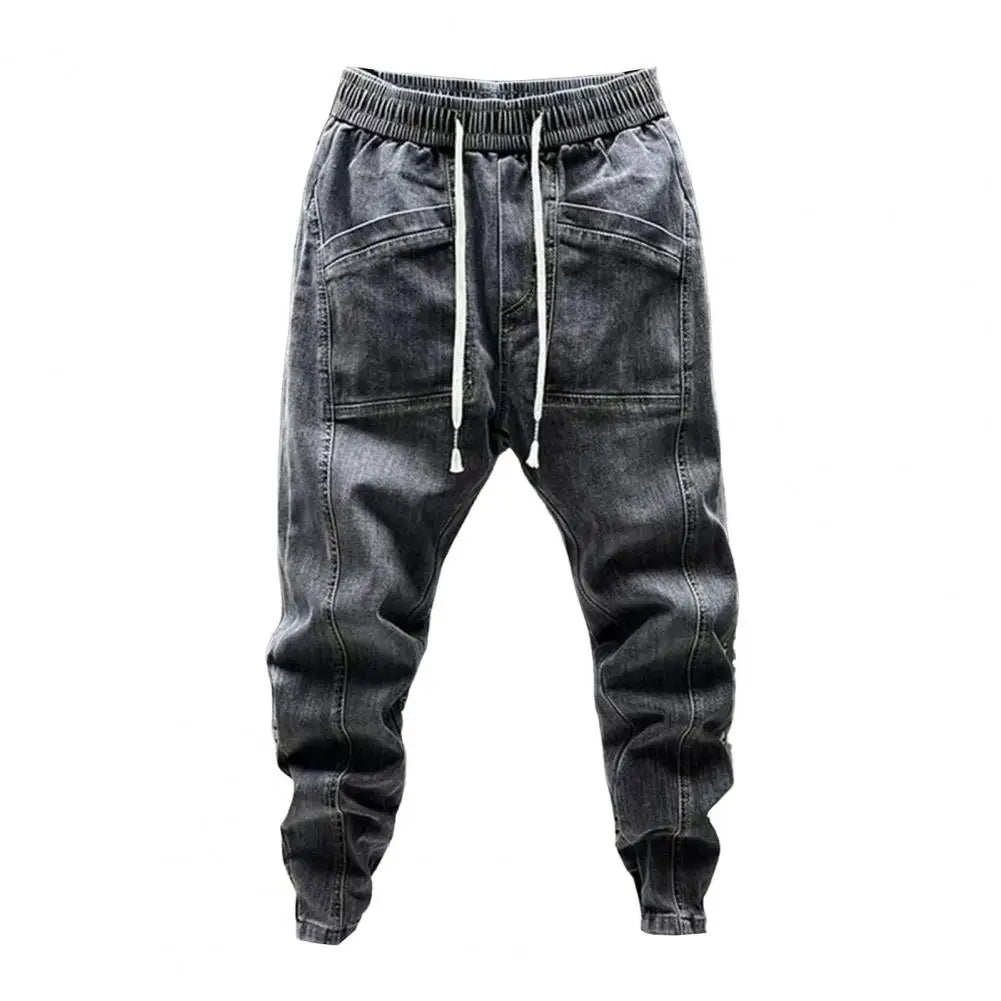 Spring Autumn Men Jeans Elastic Drawstring Waist Pockets Design Denim Pants Solid Color Casual Cargo Harem Trousers