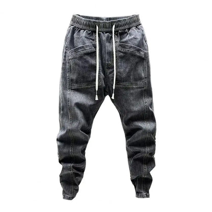 Spring Autumn Men Jeans Elastic Drawstring Waist Pockets Design Denim Pants Solid Color Casual Cargo Harem Trousers