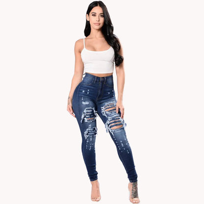 Washed Ripped High-waisted Slim-fit Small-leg Jeans, Four Seasons New Fashionable Casual Skinny Jeans for Women, Pencil Pants