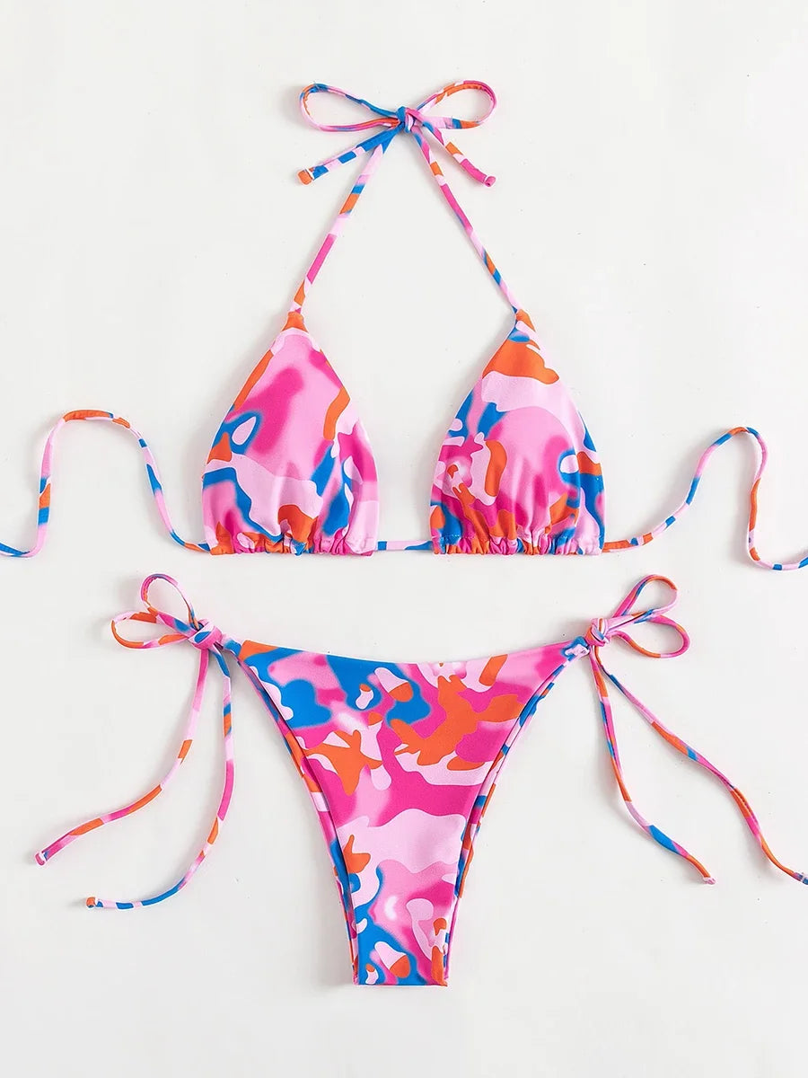 Tie Dye Micro Bikini 2025 Women Swimsuit Female Swimwear Thong Bathing Suits Sexy Bikinis Sets Lace Up Brazilian Halter Biquini