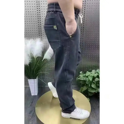 Harajuku Stretch Korea Streetwear Loose Solid Denim Jeans Elastic Waist for Men Spring Summer New plus size 7XL 8XL Casual Pants