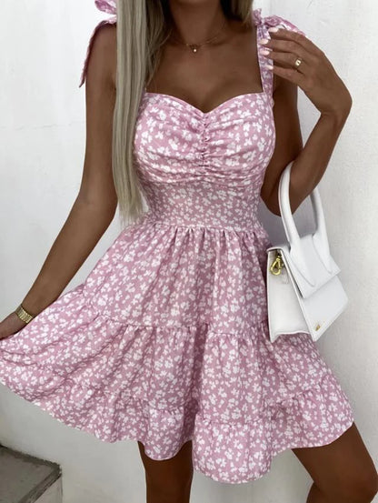 Summer Fashion Flower Print Waist Pleated Dress For Women Y2k Casual Vacation Beach Sundress Spaghetti Strap Mini Dress Female