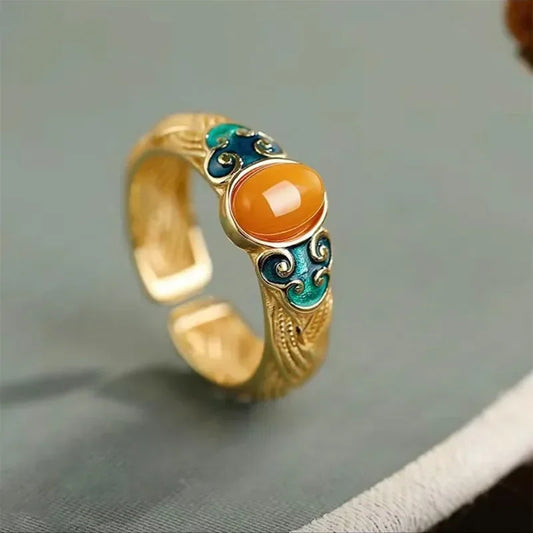 Gold Color Natural Stone Rings for Men Women Retro Stainless Steel Ring Good Luck Vintage Finger Adjustable Rings Jewelry Gifts