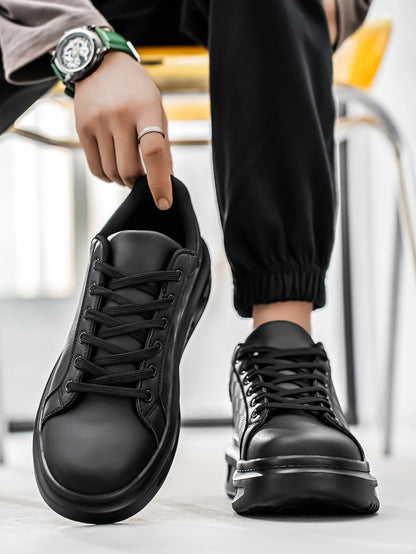 Men's Classic Black Small Square Comfortable Couple's Versatile Shock-Absorbing Sneakers, Fashionable Outdoor Travel Lace-Up Leather Splicing Street Flats Shoes Casual Shoes