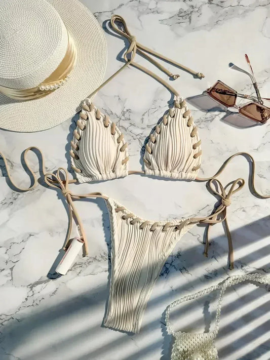 Halter Wrinkled Weave Bikini Women Swimwear Female Swimsuit Two Pieces Bikini Set Brazilian Bathing Suit Swim Beach Wear