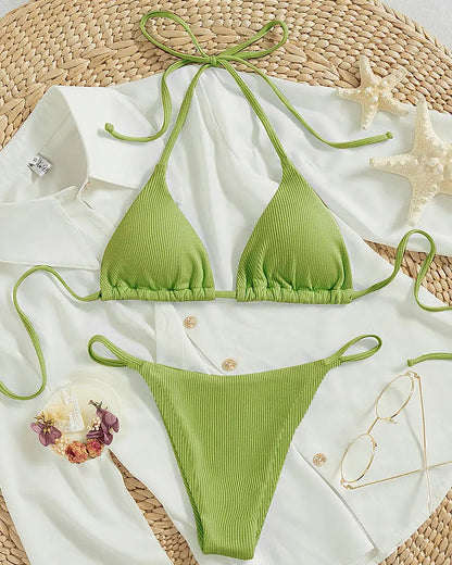 Special Pit Stripe Fabric Bikini Set Women Sexy Simple Solid Halter Bikini Swimsuit High Waisted Lace Up Beach Bathing Suit