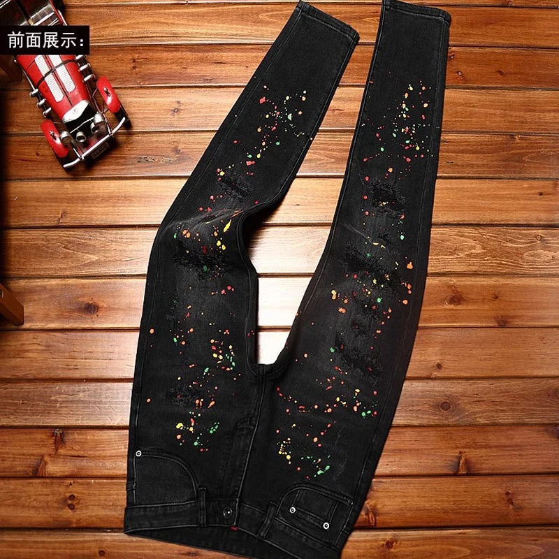 New High Quality Men's Clothing Casual Slim Pencil Pants Distressed Paint Patch Color Ink Graffiti Designer Long Jeans Trousers
