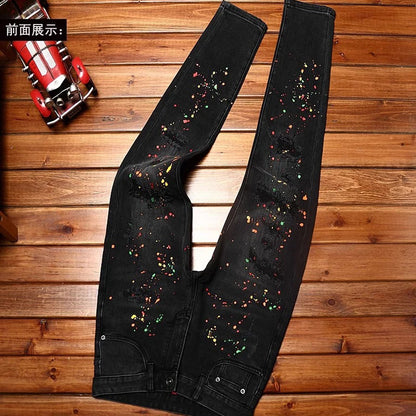 New High Quality Men's Clothing Casual Slim Pencil Pants Distressed Paint Patch Color Ink Graffiti Designer Long Jeans Trousers