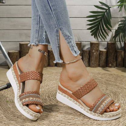 Bohemia Style Wedge Sandals Women 2025 Summer Thick Bottom Platform Sandals Woman Plus Size 43 Non Slip Beach Shoes Footwear