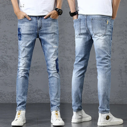 Summer Thin Men's Elastic Cotton Jeans - Fashionable Streetwear Blue Straight Fit Slim Casual Pants