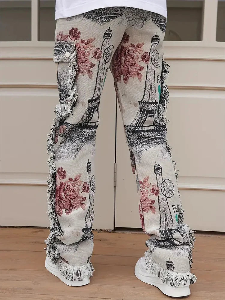 2025 Spring Summer Streetwear Jeans Mens Vintage Butterfly Print Straight Jean Pants Men Stylish Tassel Designer Denim Trousers