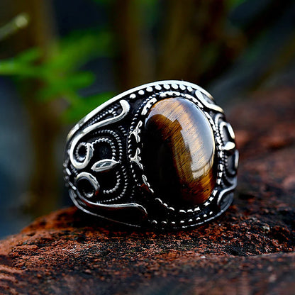Vintage Stainless Steel Oval Brown Stone Ring For Men Punk Rock Fashion Carved Rings Natural Stone Jewelry Gift Dropshipping
