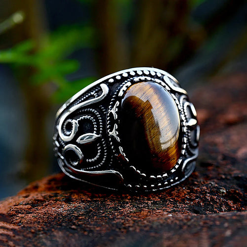 Vintage Stainless Steel Oval Brown Stone Ring For Men Punk Rock Fashion Carved Rings Natural Stone Jewelry Gift Dropshipping