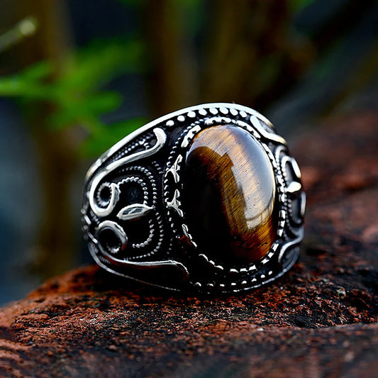 Vintage Stainless Steel Oval Brown Stone Ring For Men Punk Rock Fashion Carved Rings Natural Stone Jewelry Gift Dropshipping
