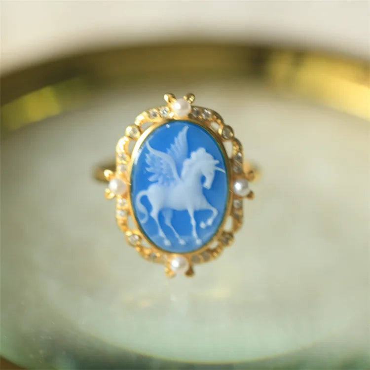 s925Silver Inlaid German Cameo Agate Relief Silver Ring Gift for Girlfriend Holiday Present
