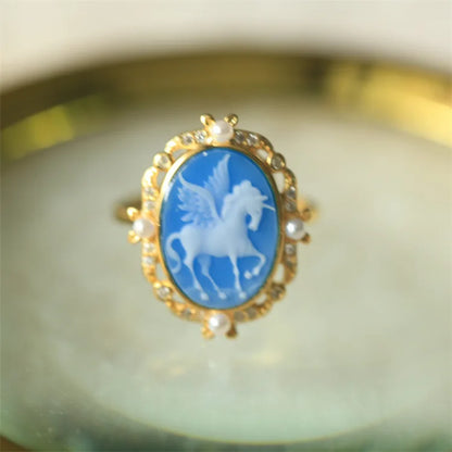 s925Silver Inlaid German Cameo Agate Relief Silver Ring Gift for Girlfriend Holiday Present