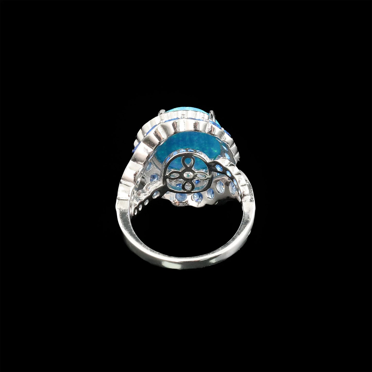 TLS 925 Sterling Silver Rhodium Plated High Carbon Diamond Cabochon Opal Blue Diamond Surrounding Star Ring for Gift