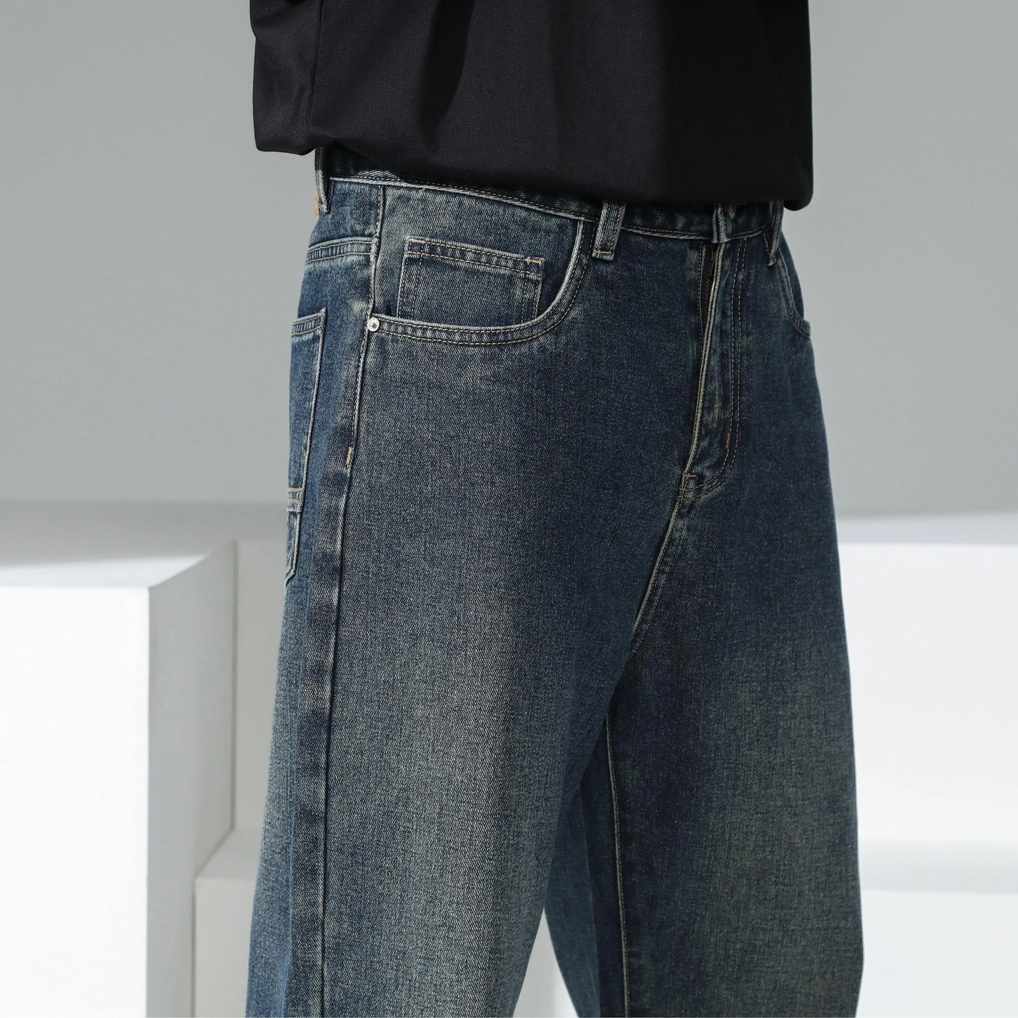 Youth Stylish Loose Fit Denim Pants Spring Retro Blue Wide Leg Jeans Soft Cotton Mid Waist Design for Daily Comfort & Durability