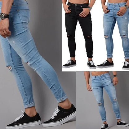 Pencil Pants Men Jeans Ripped Vintage Holes Ankle Length Denim Wash Solid Casual 2025 Pockets Slim Fit Distressed Punk Style