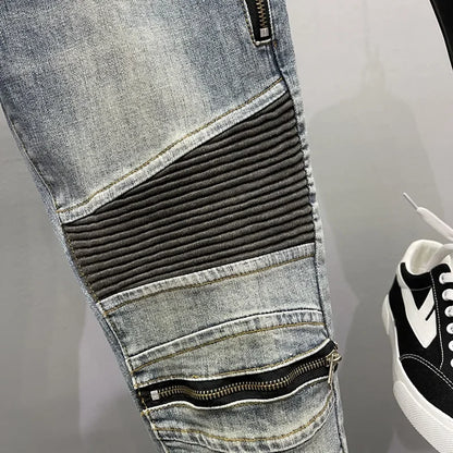 Zippered Slim Fit Men's Jeans Straight Leg Blue Vintage Distressed Casual Trendy Spring Autumn Lightweight Pants