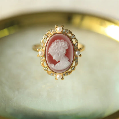s925Silver Inlaid German Cameo Agate Relief Silver Ring Gift for Girlfriend Holiday Present