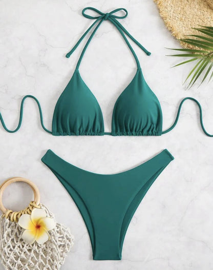 Women Thong Bikini Sexy Solid White/Black/Coffee Halter Swimsuit Lace Up Brazilian Bathing Suit 2025 New Double Fabric Beachwear