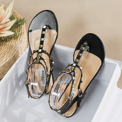 new summer outdoor women's flat sandals British style Ladies Casual Roman Flats Stylish rivet design work and party 41-43